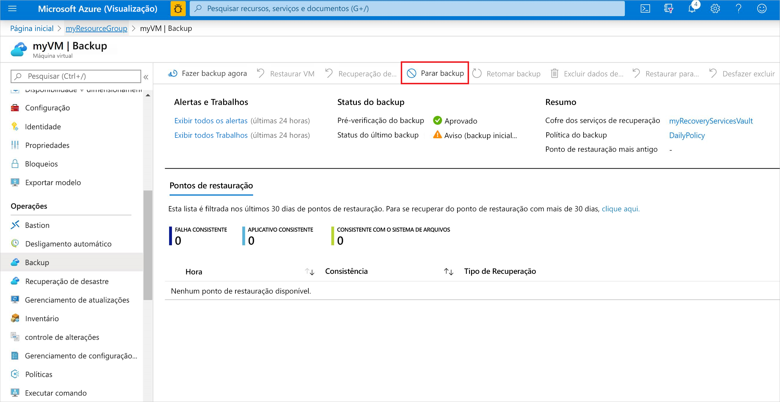 Captura de tela mostrando a interrupção do backup de VM no portal do Azure.