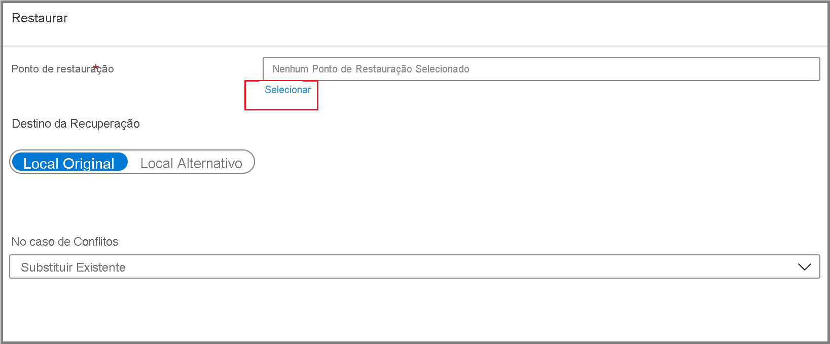 Captura de tela mostrando como selecionar o ponto de restauração escolhendo o link Selecionar.