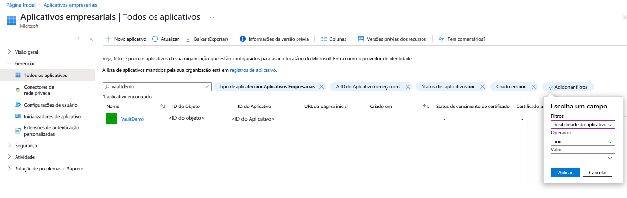 Captura de tela mostrando o processo para copiar a ID do Aplicativo do cofre.