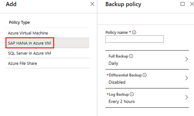 Captura de tela que mostra o painel 'Política de backup' para inserir um nome de política.