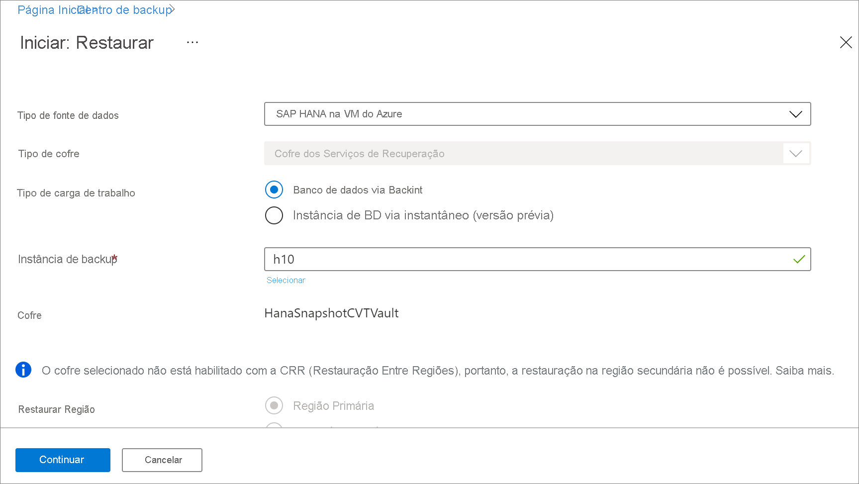 Captura de tela que mostra onde restaurar os itens de backup.