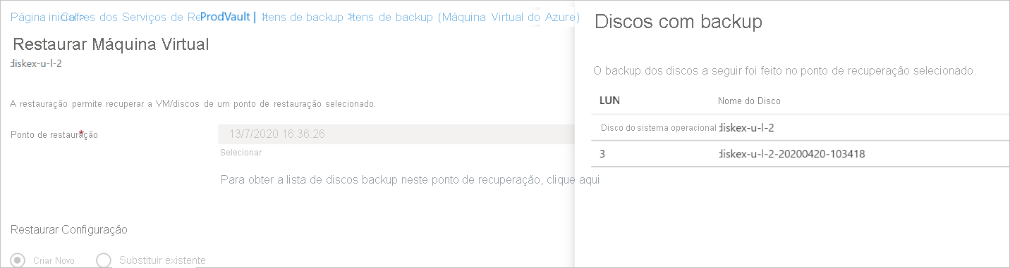 Exibir discos de backup durante a restauração