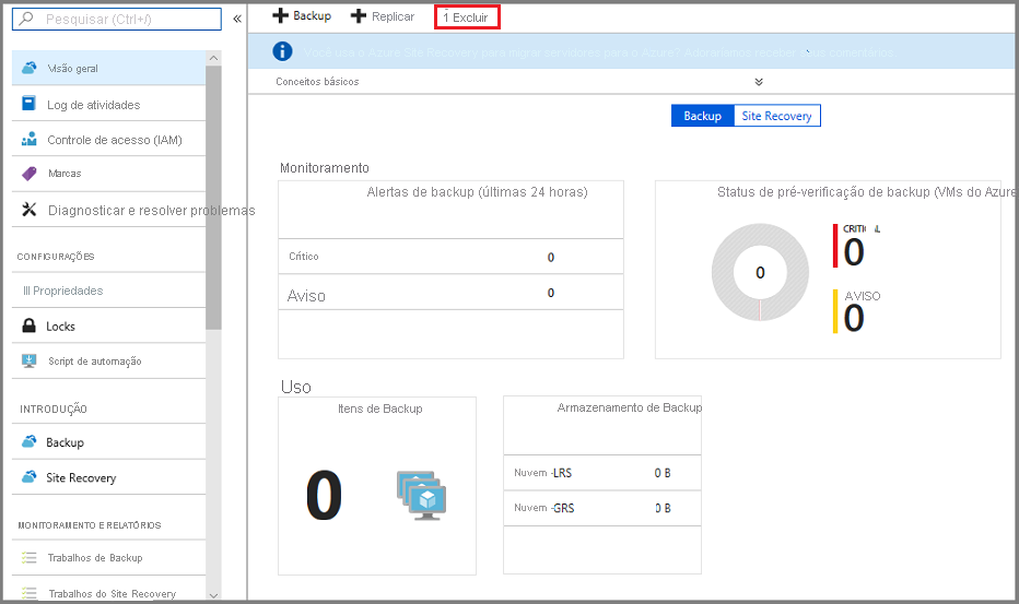 Captura de tela mostrando a seleção de Excluir.