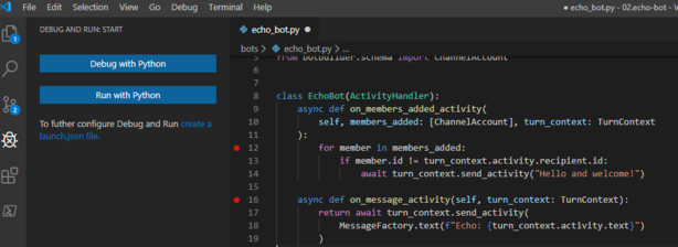 Uma captura de tela de um ponto de interrupção do Python definido no Visual Studio Code.