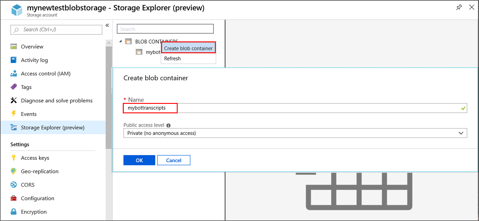 Captura de tela da criação de um contêiner de blob para usar como repositório de transcrição.