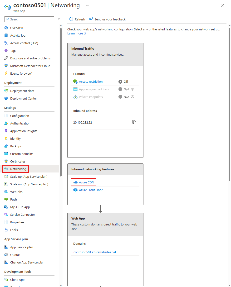 Captura de tela da seleção da Rede de Distribuição de Conteúdo do Microsoft Azure na configuração do sistema de rede de um Serviço de Aplicativo.