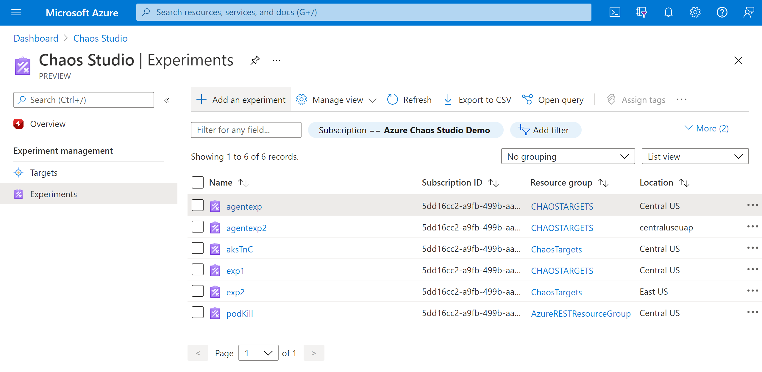 Captura de tela que mostra a exibição de Experimentos no portal do Azure.