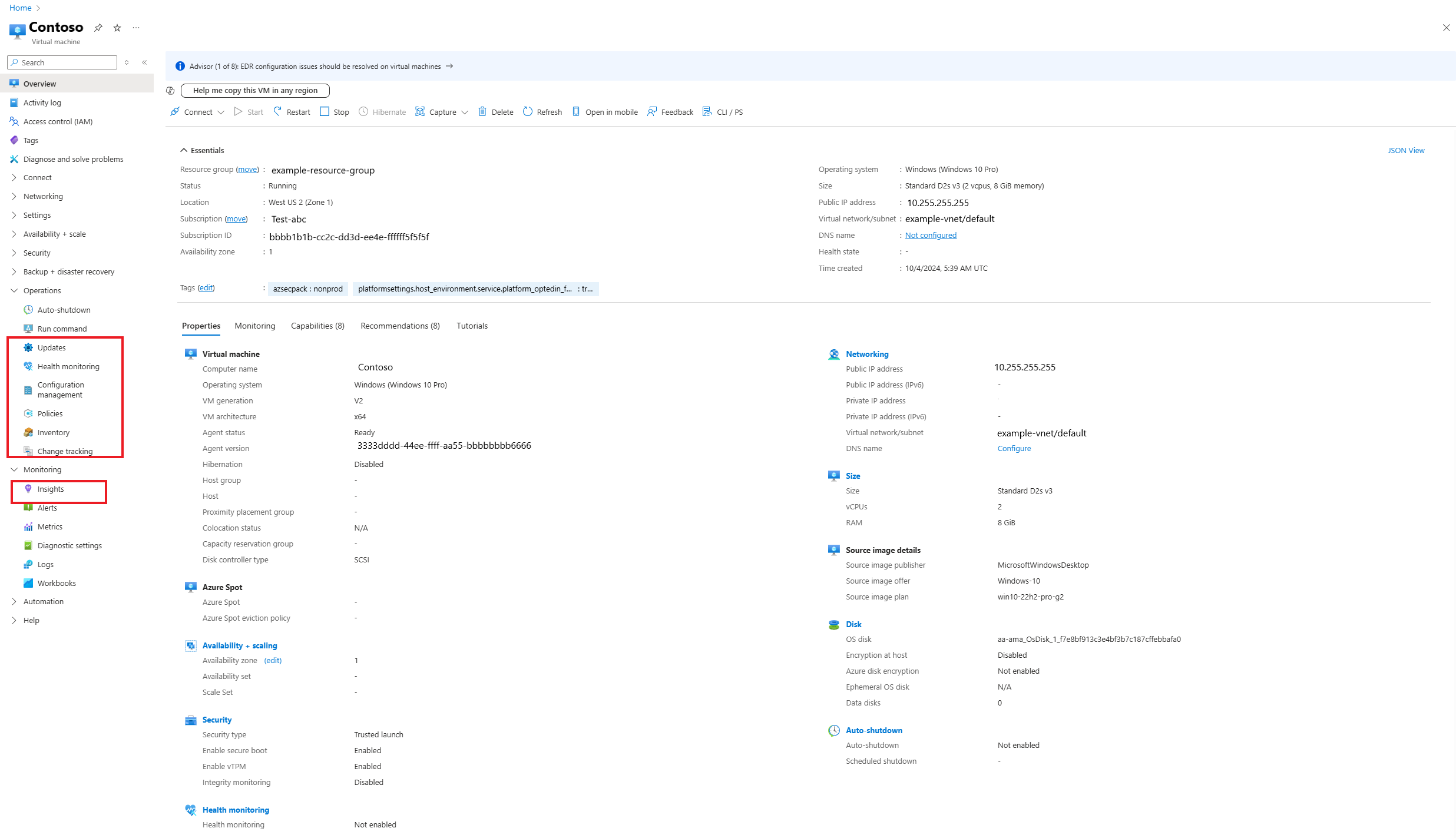 Captura de tela das configurações de máquina virtual no portal do Azure