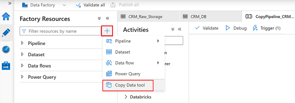 Captura de tela que mostra a ferramenta Copiar Dados em recursos do Factory.