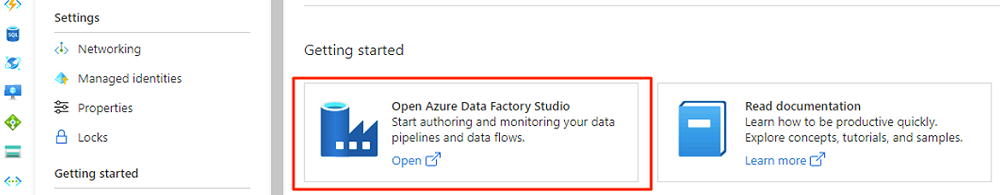 Captura de tela que mostra como abrir o Azure Data Factory Studio.