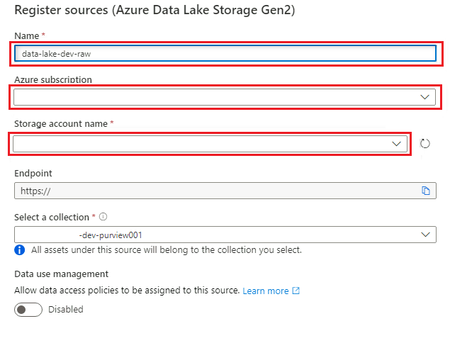 Captura de tela que mostra o painel Registrar Azure Data Lake Storage Gen2, com valores realçados.