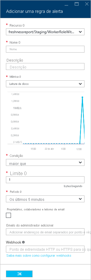 Captura de tela do painel Adicionar uma regra de alerta com todas as opções de configuração definidas.