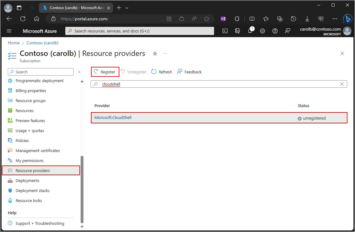 Captura de tela da seleção de provedores de recursos no portal do Azure.