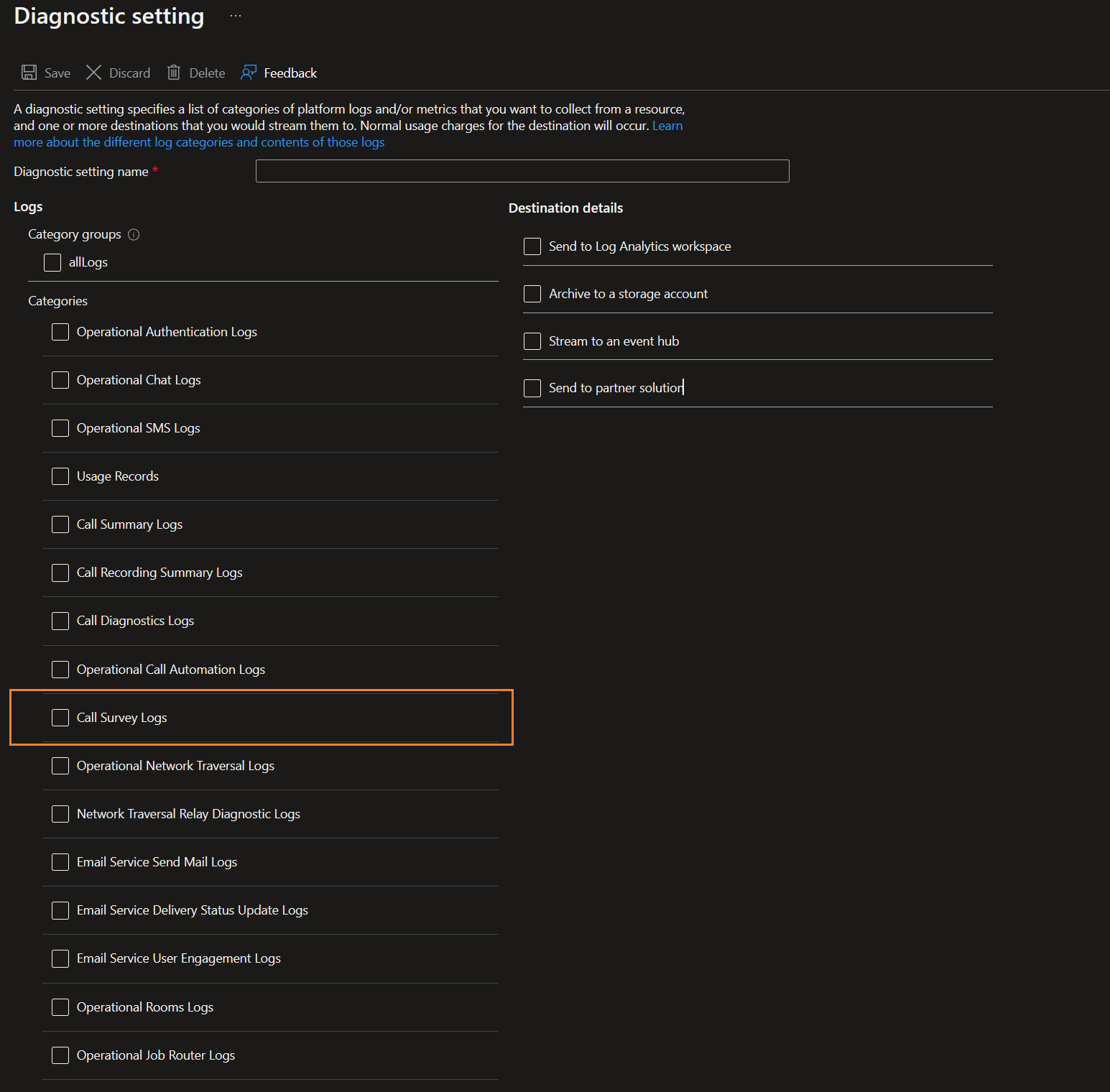 Captura de tela das configurações de diagnóstico para pesquisa de chamadas.