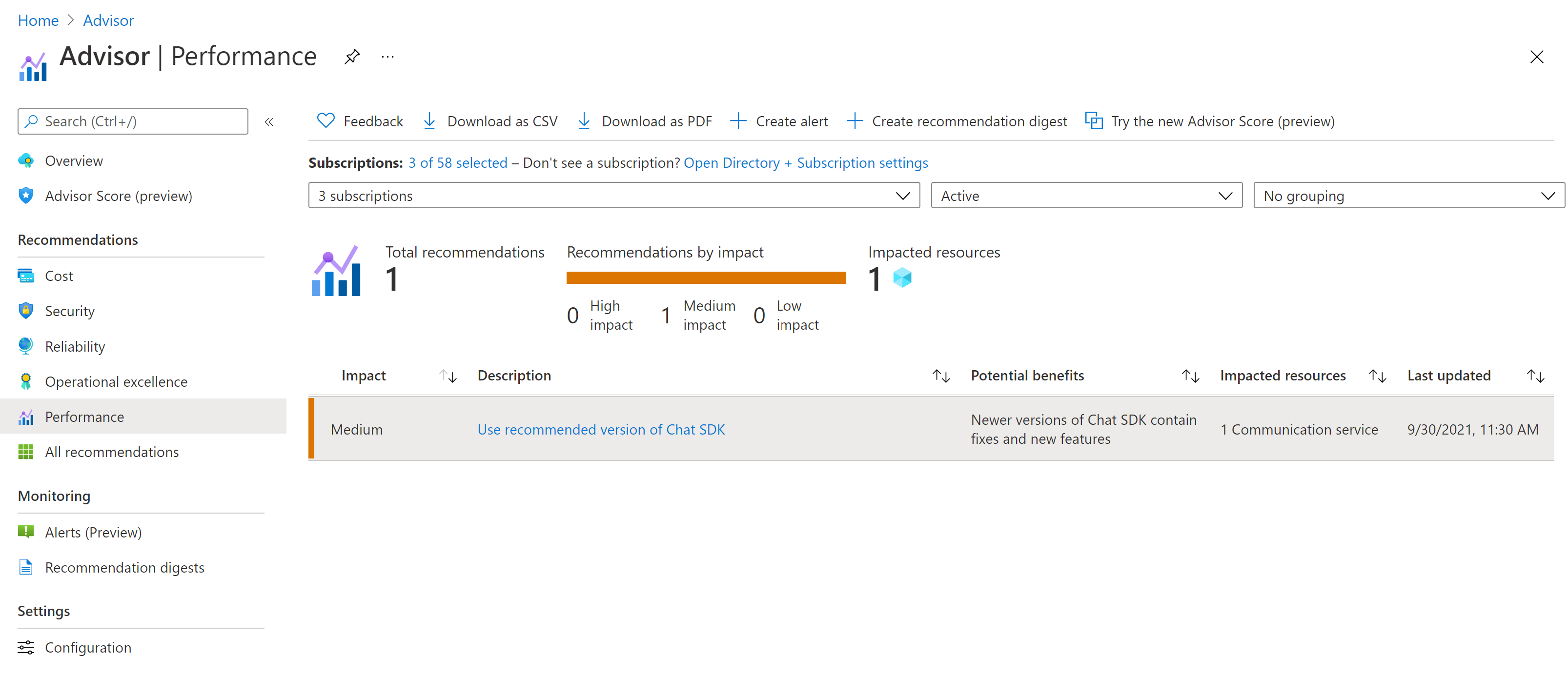 Exemplo do Assistente do Azure mostrando a recomendação para atualizar o SDK do chat.