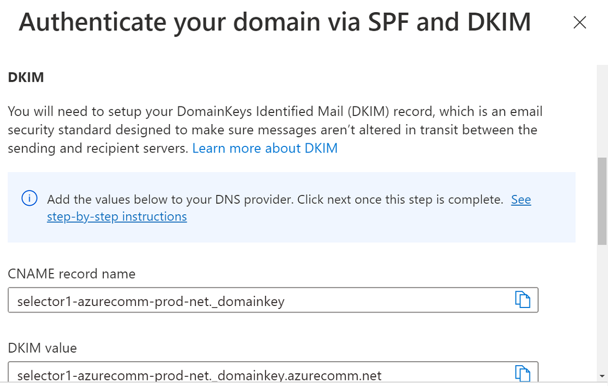 Captura de tela que mostra os registros D N S que você precisa adicionar para D K I M.