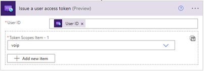 Captura de tela que mostra o conector de Identidade dos Serviços de Comunicação do Azure, ação Emitir token de acesso do usuário, especificando o escopo do token.