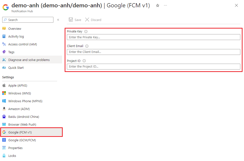 Captura de tela de como fornecer novas credenciais de chave privada para o FCM v1 nas configurações do portal do Azure.