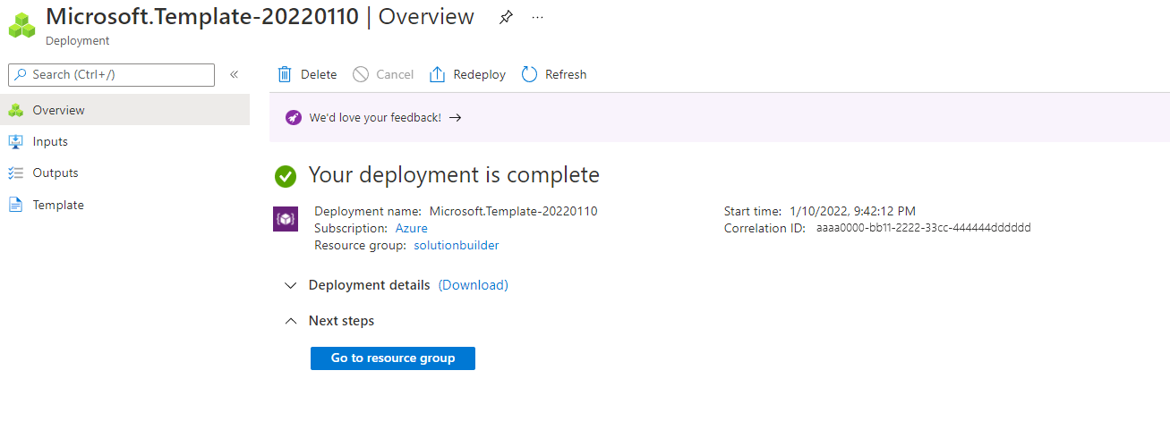 Captura de tela de um Modelo do Azure Resource Manager concluído.