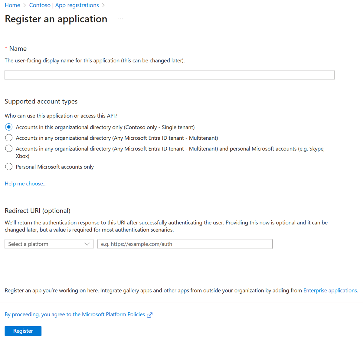 Captura de tela do portal do Azure em um navegador da Web mostrando o painel Registrar um aplicativo.