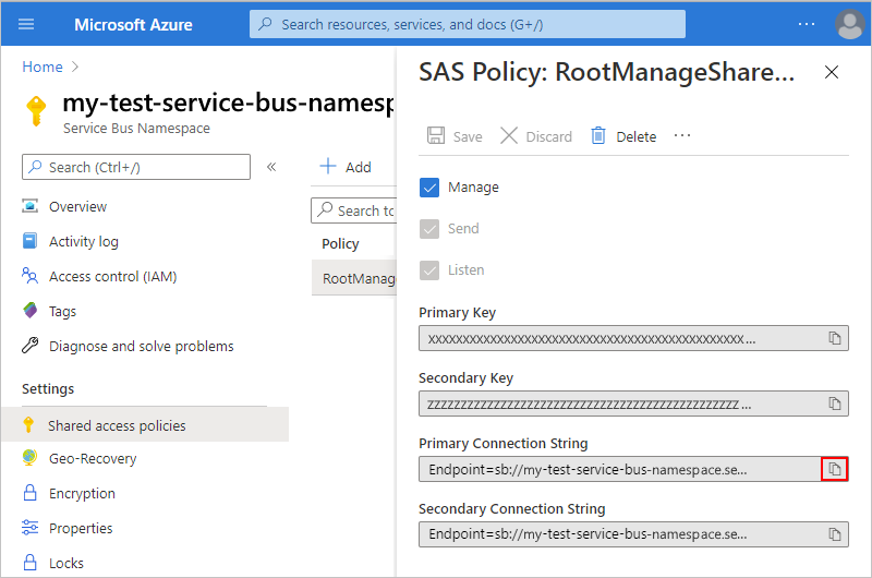 Captura de tela que mostra a cadeia de conexão do namespace do Barramento de Serviço e o botão de cópia selecionado.