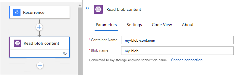 Captura de tela mostrando o fluxo de trabalho Standard com a ação interna do Blob configurada para a pasta raiz.