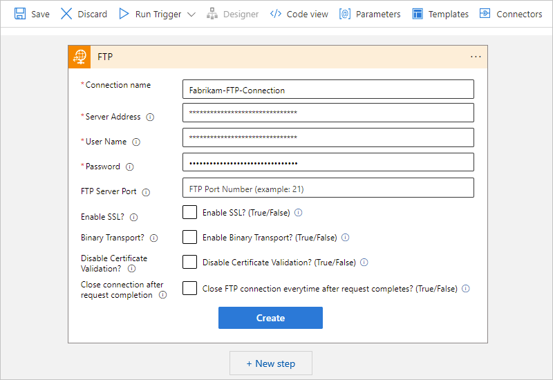 A captura de tela mostra o designer de fluxo de trabalho Consumo e o perfil de conexão de FTP.