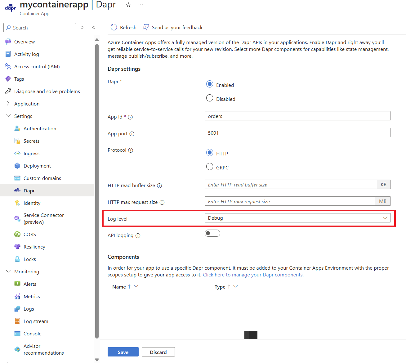 Captura de tela demonstrando como habilitar logs de depuração no aplicativo de contêiner por meio do portal.