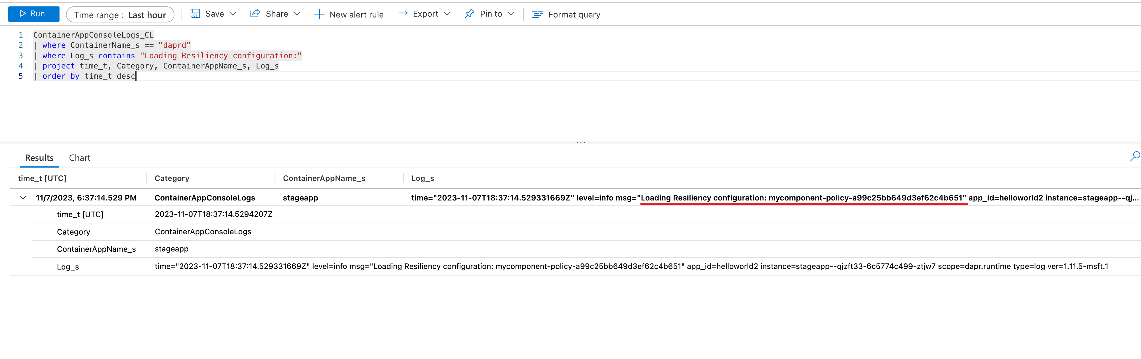 Captura de tela mostrando os resultados da consulta de resiliência com base no exemplo de consulta fornecido para verificar se a política de resiliência foi carregada.