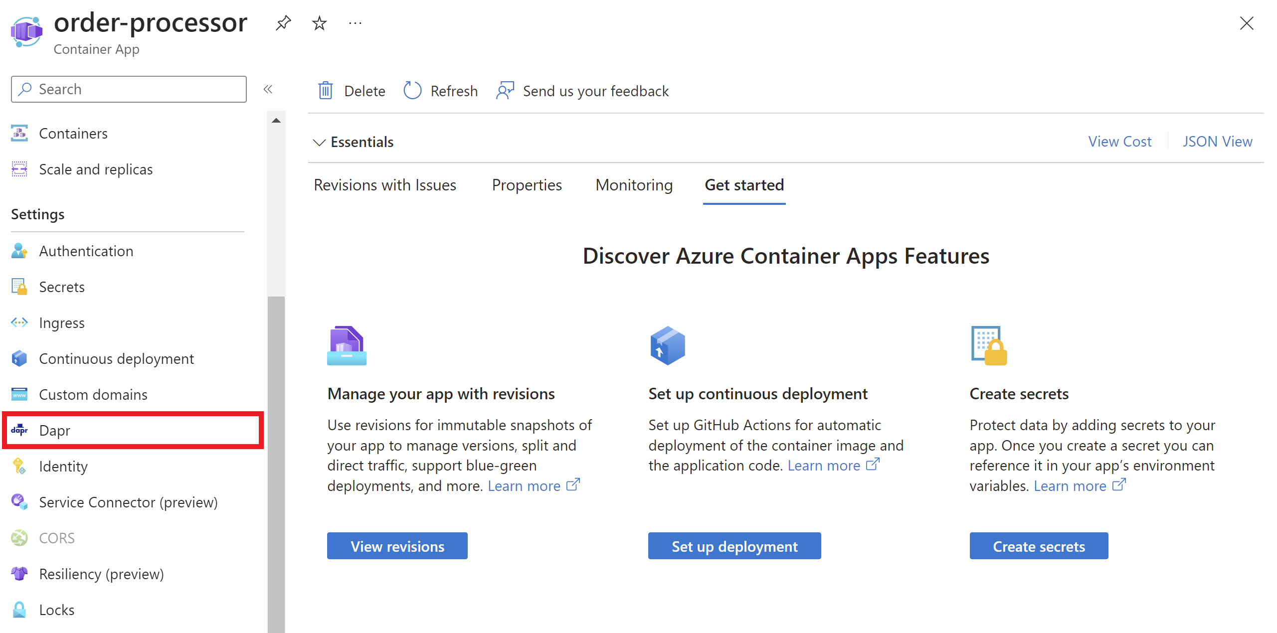 Captura de tela mostrando onde habilitar o Dapr no seu aplicativo de contêiner por meio da visualização do portal do Azure.