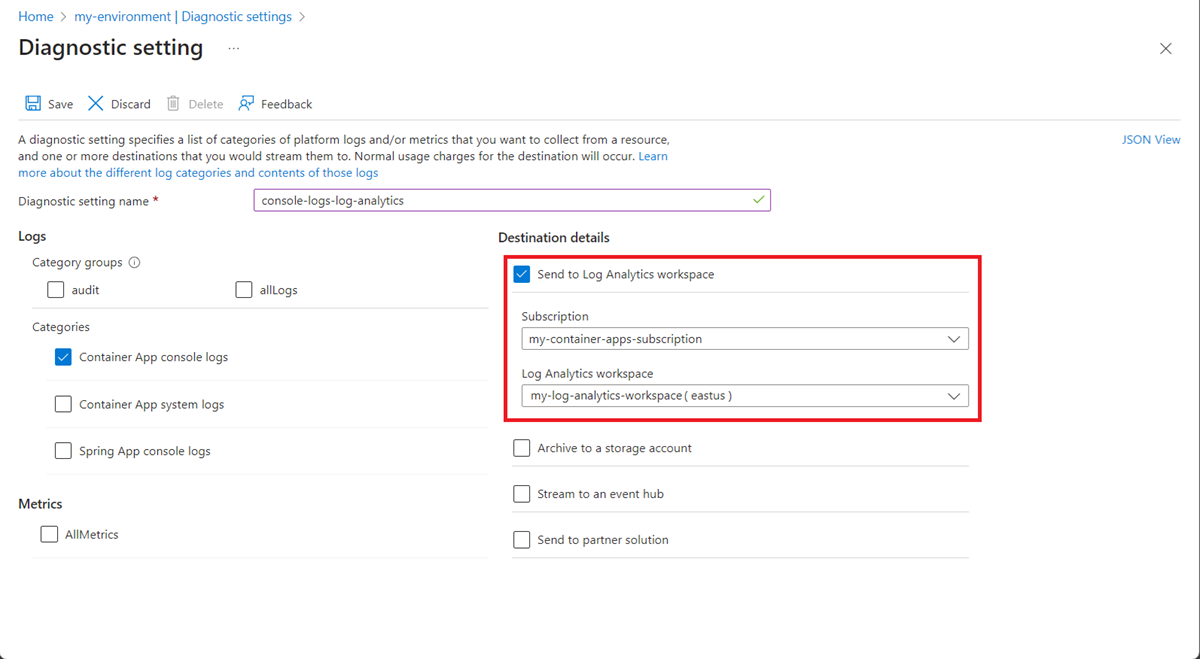 Captura de tela das configurações de diagnóstico de destino do Log Analytics.