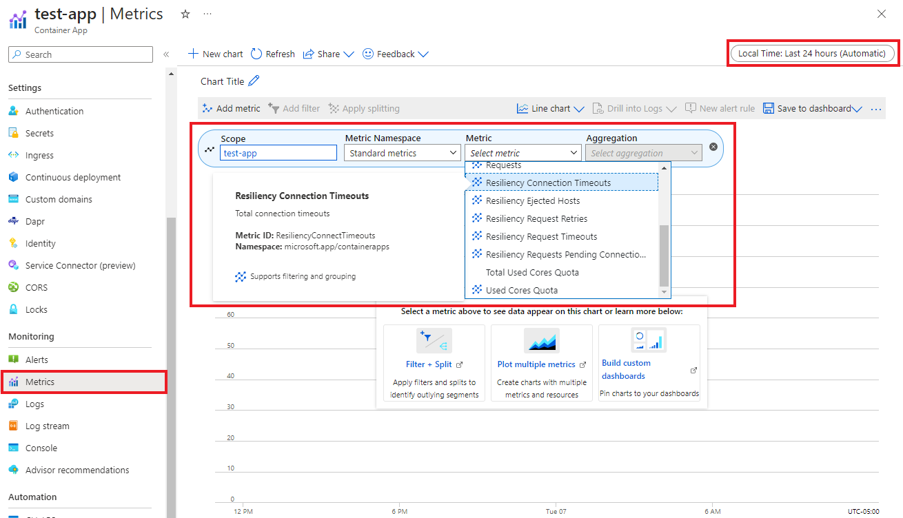 Captura de tela demonstrando como acessar os filtros de métricas de resiliência para seu aplicativo de contêiner.