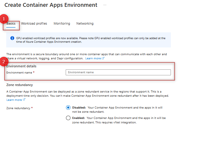 Captura de tela da janela criar um ambiente de perfis de carga de trabalho dos Aplicativos de Contêiner do Azure.