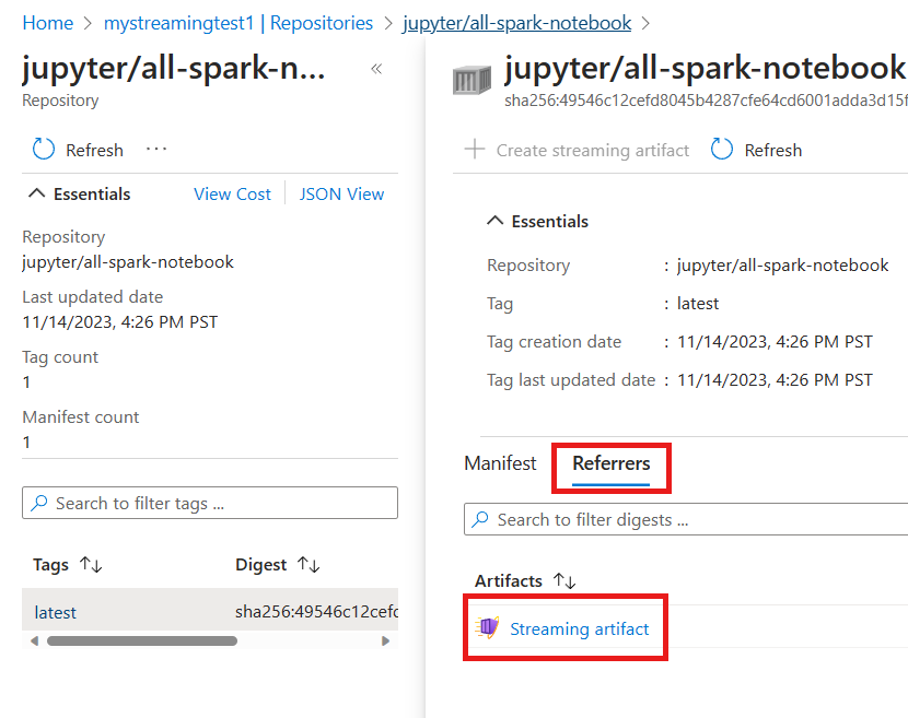 Uma captura de tela do portal do Azure com o artefato de streaming realçado.