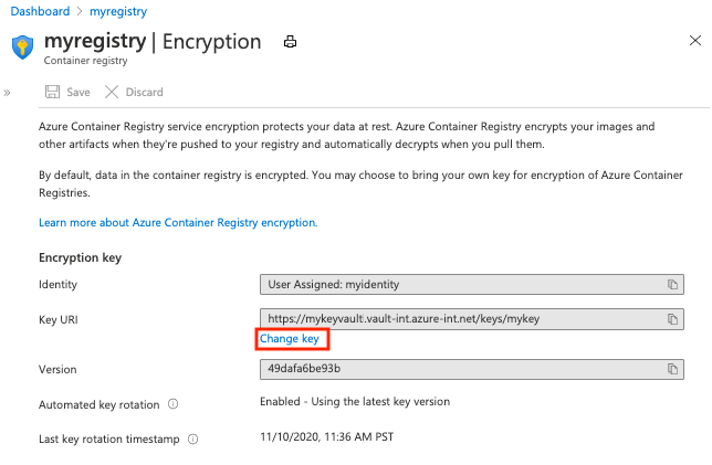 Captura de tela das opções de chave de criptografia no portal do Azure.