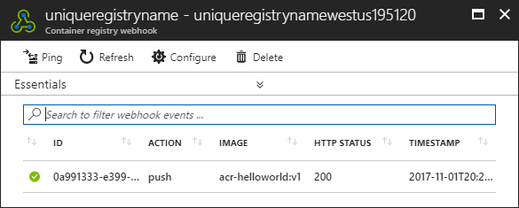 Log dos Webhooks de Registro de contêiner no Portal do Azure (Oeste dos EUA)