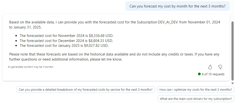 Captura de tela mostrando os custos de previsão do Microsoft Copilot no Azure para uma assinatura para os próximos três meses.