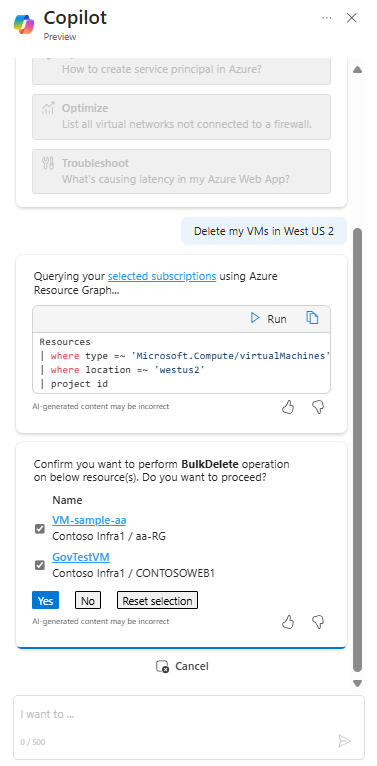 Captura de tela do Copilot no Azure respondendo a uma solicitação para excluir VMs.