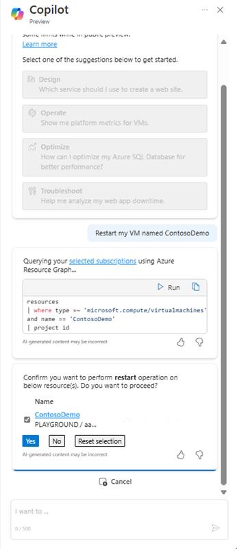 Captura de tela do Copilot no Azure respondendo a uma solicitação para reiniciar uma VM.