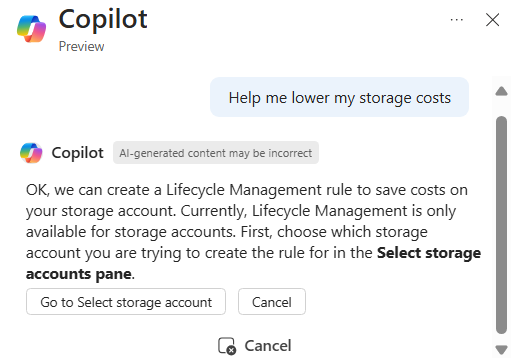 Captura de tela do Microsoft Copilot no Azure respondendo a uma solicitação para reduzir custos de armazenamento.