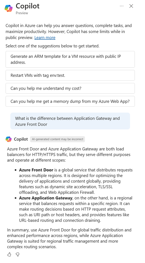 Captura de tela do Copilot descrevendo a diferença entre o Gateway de Aplicativo do Azure e o Azure Front Door.