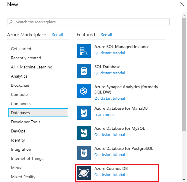 Captura de tela do painel Bancos de Dados do portal do Azure.