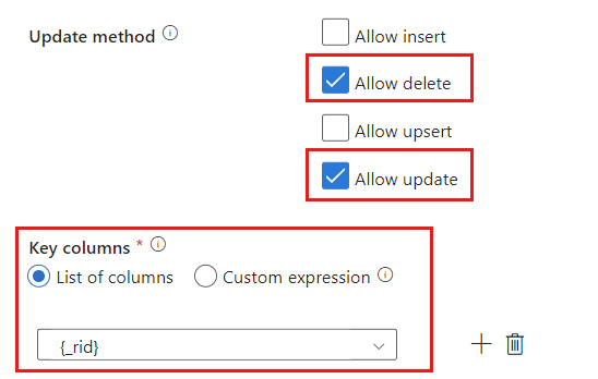 Captura de tela dos métodos de atualização e colunas de chave que estão sendo especificados para o coletor.