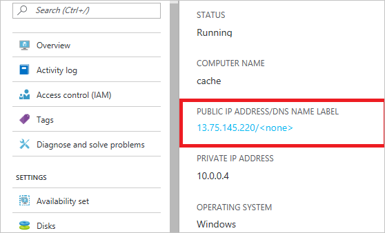 Captura de tela mostrando o endereço IP público de uma máquina virtual exibida no Portal do Azure