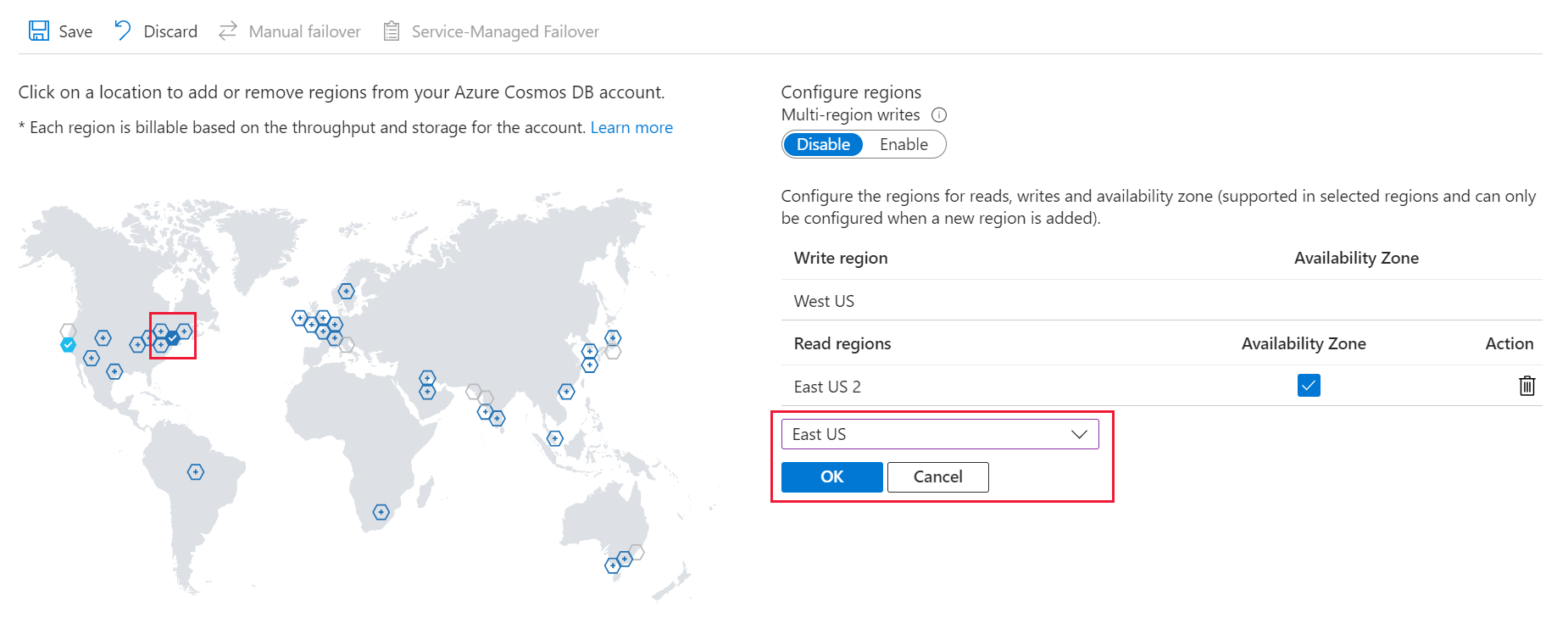 Captura de tela do menu Replicar dados globalmente, realçando uma região.