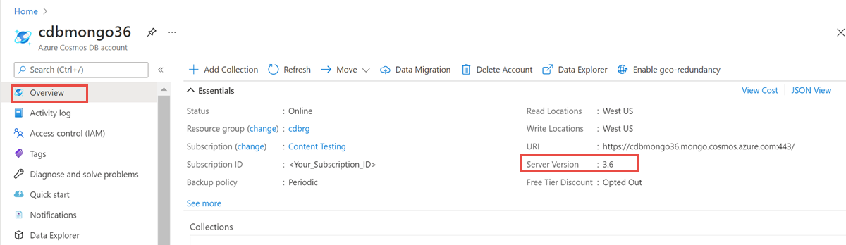 Captura de tela de como verificar a versão atual da sua conta do MongoDB no portal do Azure.