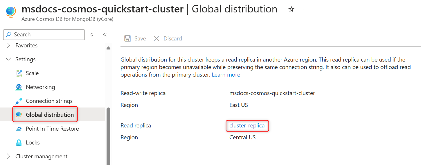 Captura de tela da página de visualização de distribuição global nas propriedades do cluster primário.