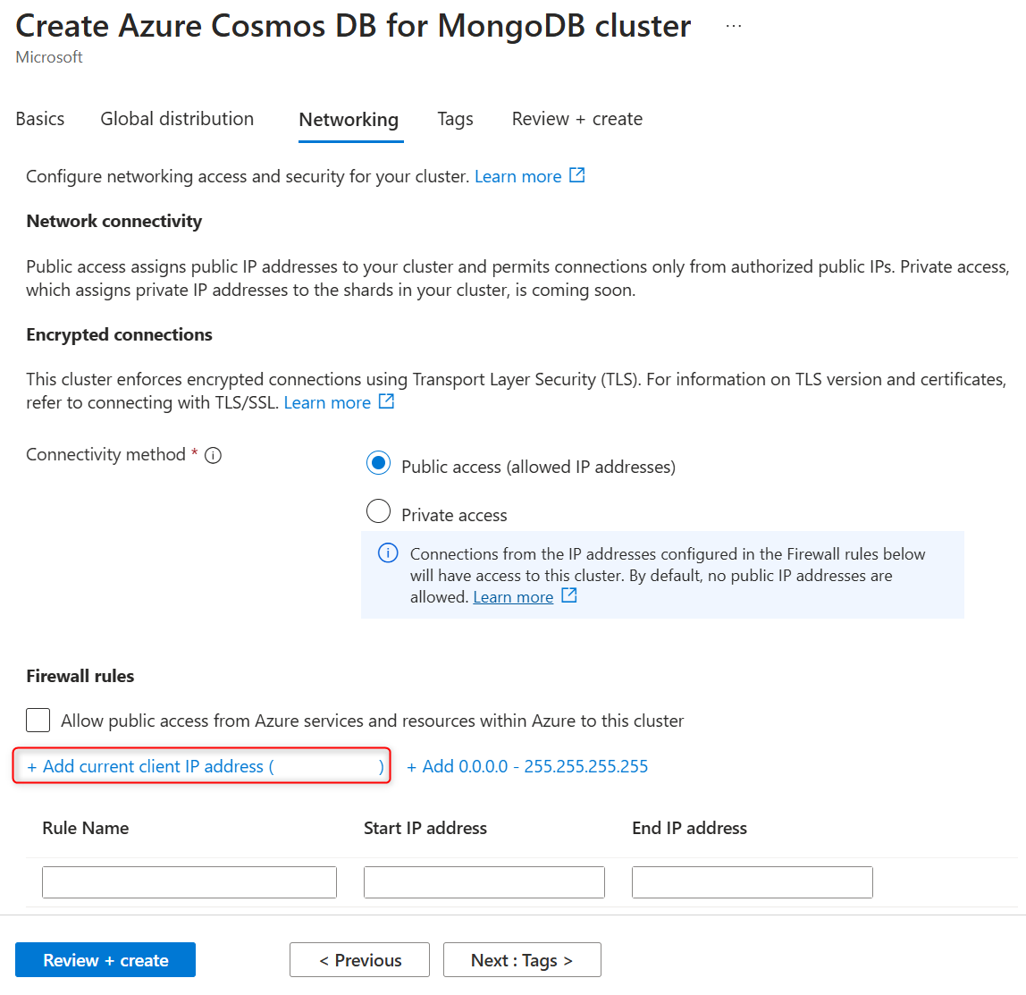 Captura de tela das configurações de rede de um cluster.