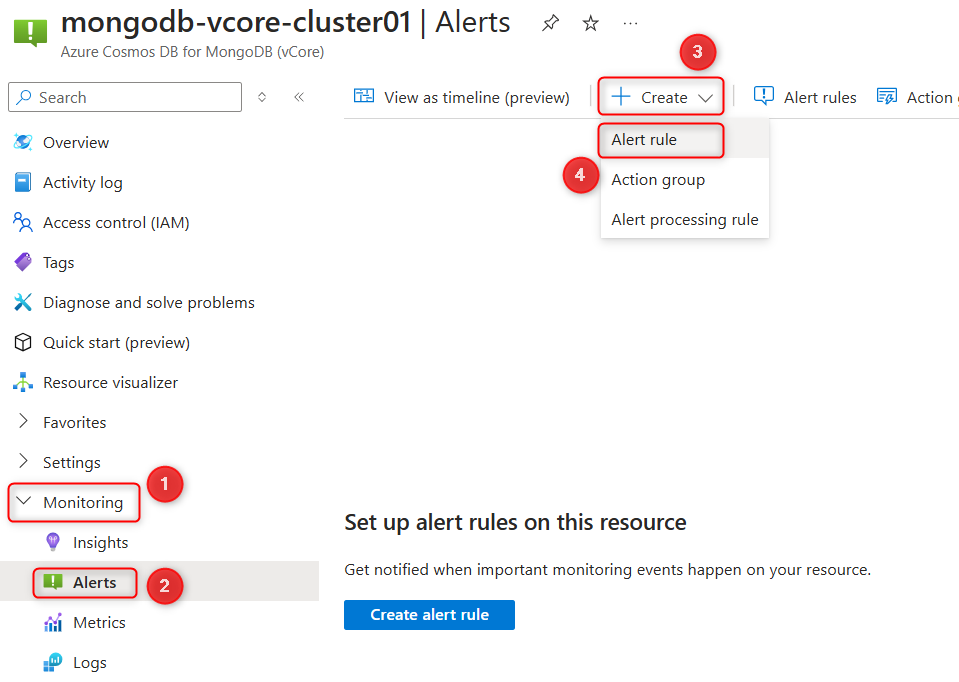 Captura de tela da página de criação de regra de alerta no Azure Cosmos DB for MongoDB vCore no portal do Azure.