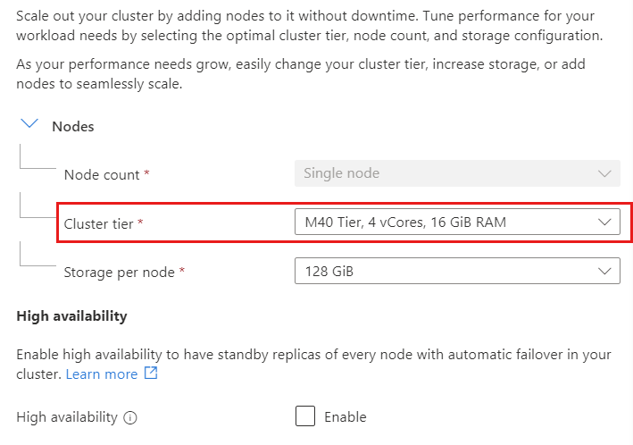 Captura de tela da opção de camada de cluster na página Dimensionamento de um custer.